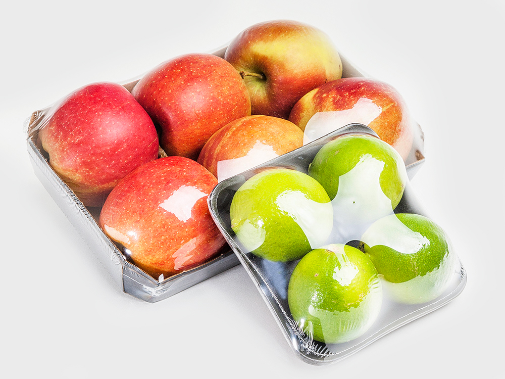 Äpfel im Tray, verpackt in Polyolefin-Feinschrumpffolie