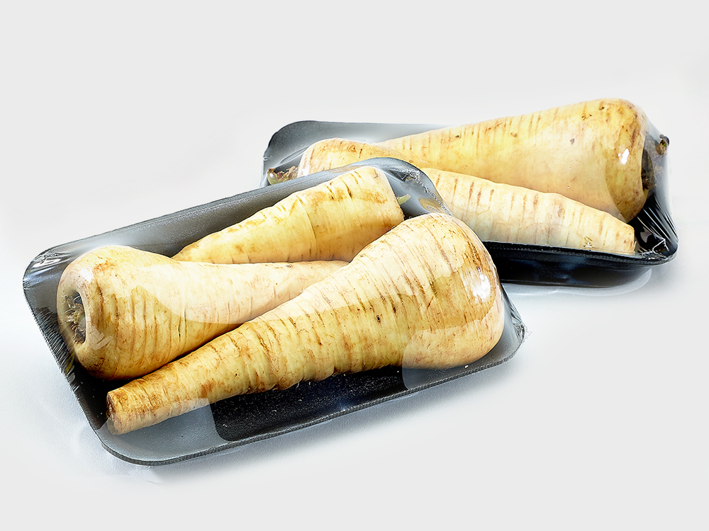 Wurzelgemüse im Tray, verpackt in Polyolefin-Feinschrumpffolie