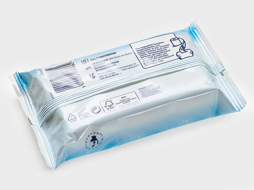 Feuchttücher in bedruckter Flowpack-Folienverpackung