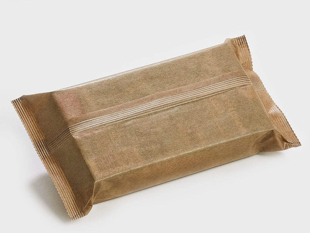Braune Flowpackverpackung aus Papier
